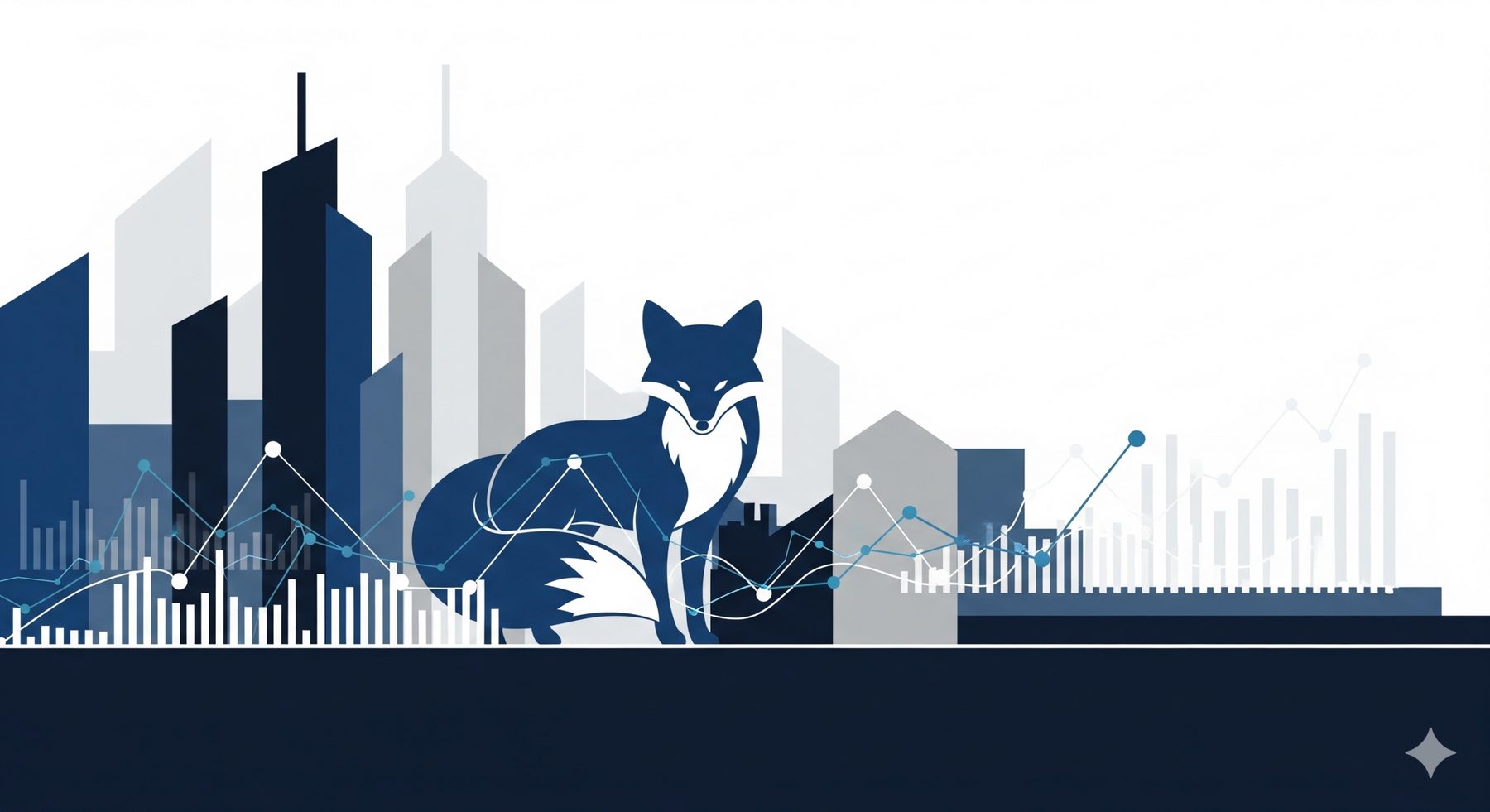 Blue fox in front of a city skyline with market charts